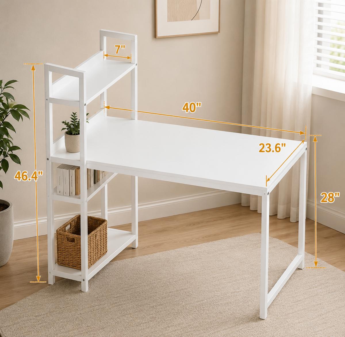 Modern White Computer Desk with Storage Shelves