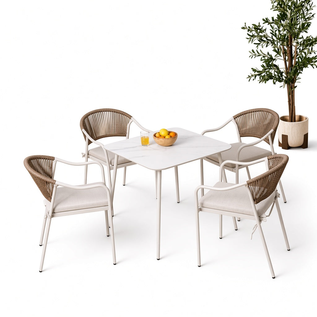Modern Outdoor Patio Dining Set with 4 Woven Chairs