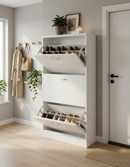 3 Drawer Shoe Cabinet, Pull Down Wooden Furniture Unit, White,