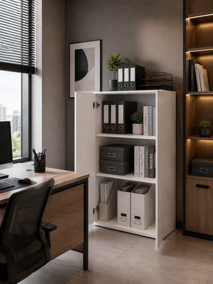 White Vela Bookshelf With 2 Doors | 3 Compartments | 115.5x60x30cm | Modern Side Cabinet | Bookcase | Wardrobe | Wooden Storage Unit | Shoe Storage