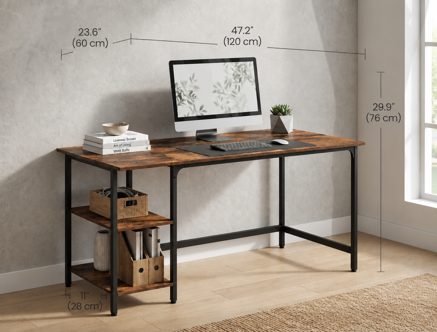 Industrial Computer Desk with 2 Shelves, Reversible Storage Shelves for Home Office