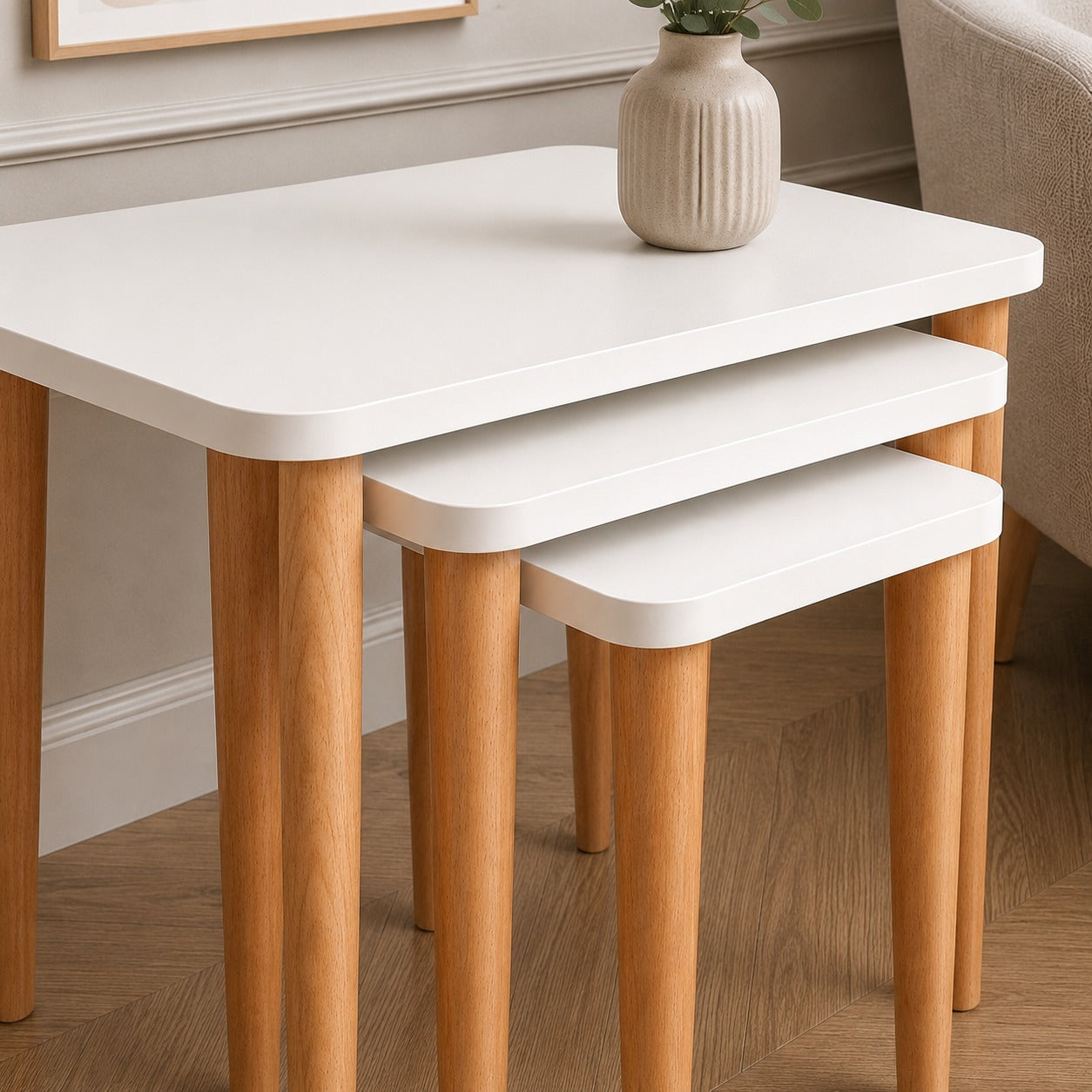 Modern 3-Piece Nesting Coffee Table Set – White Top with Wooden Legs for Living Room