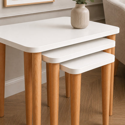 Modern 3-Piece Nesting Coffee Table Set – White Top with Wooden Legs for Living Room