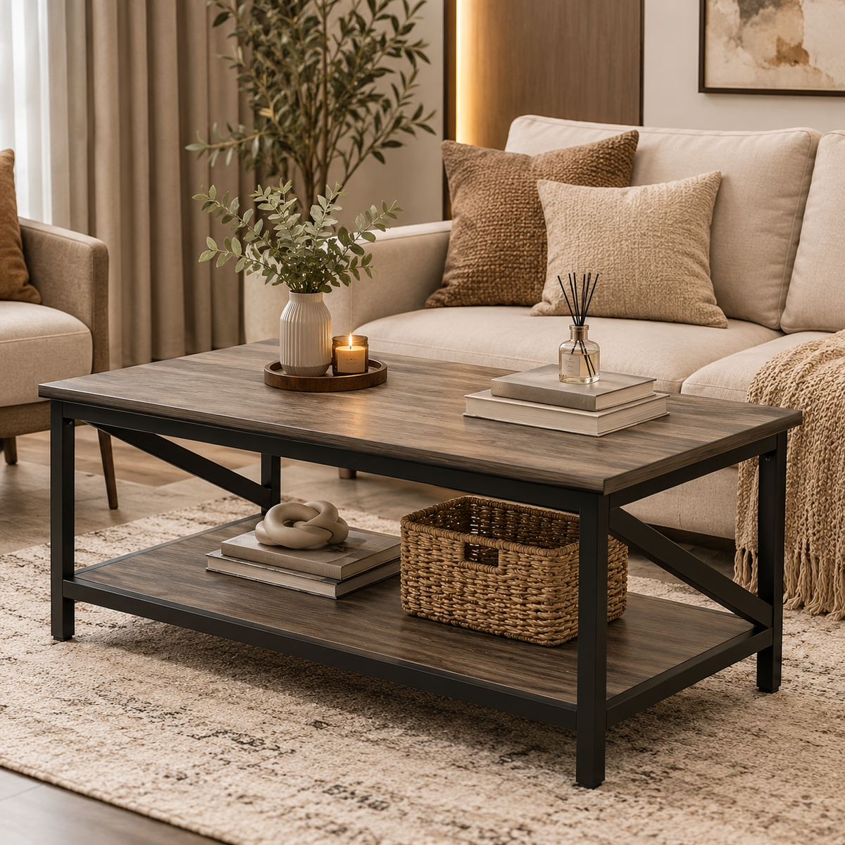 Modern Industrial Coffee Table with Lower Shelf