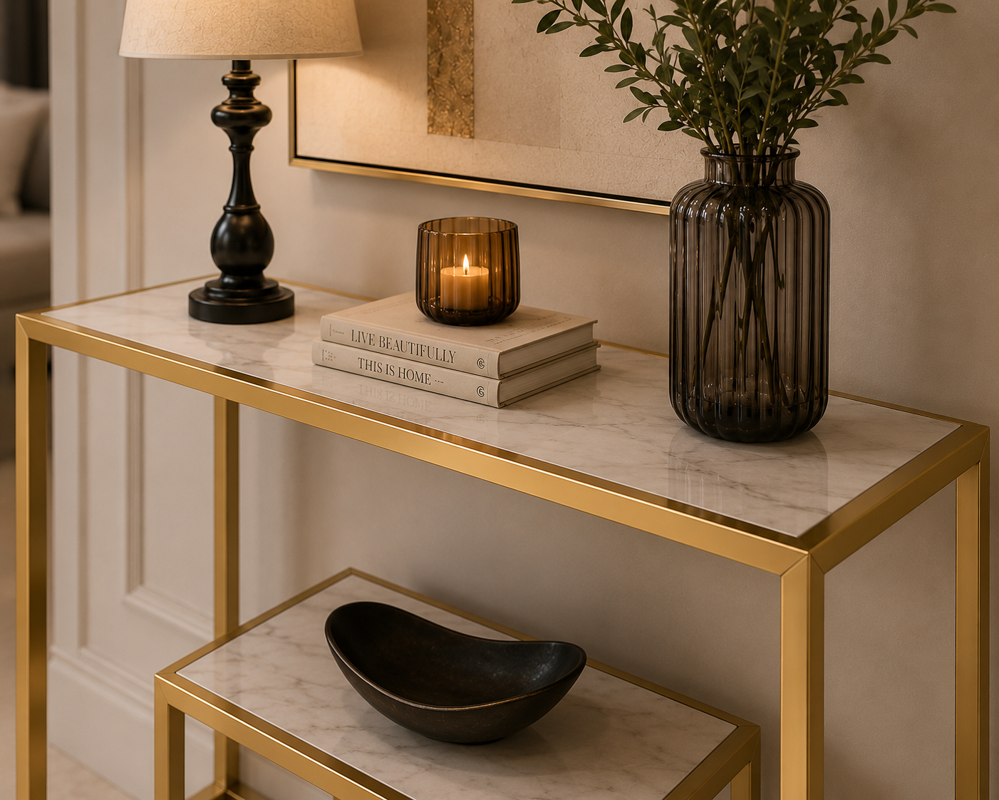 2-Tier Console Table with Faux Marble Tabletop