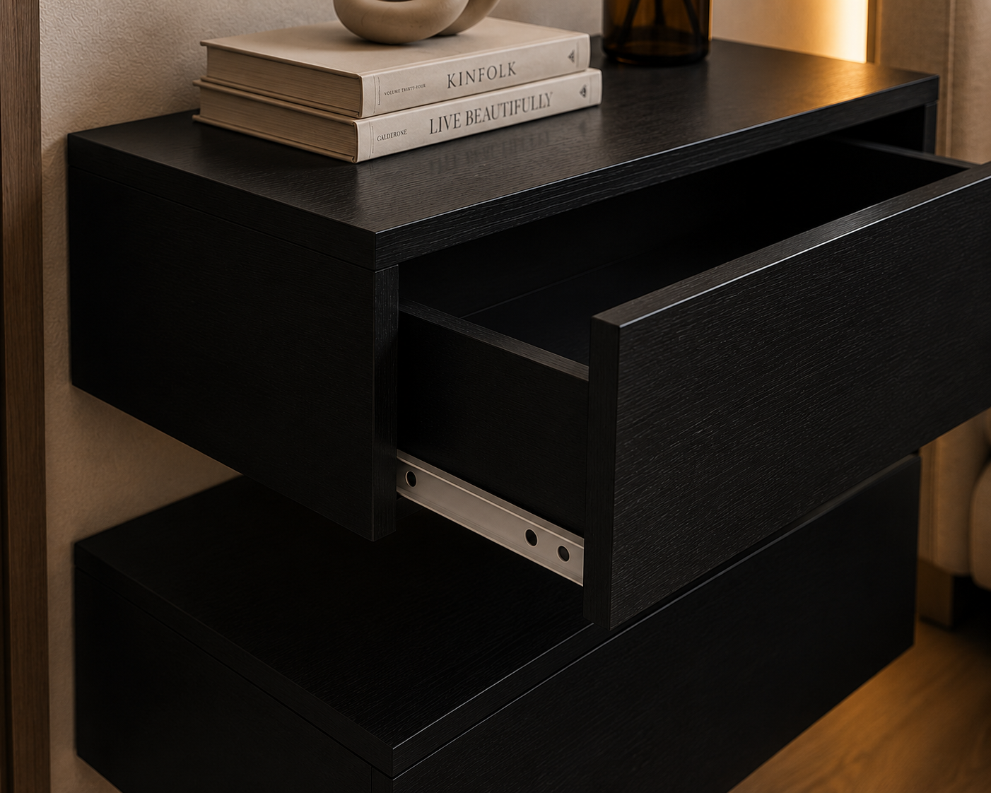 Oslo Wall Shelf with Drawer Set of 2 Bedside Table Floating Bedside Table Hanging Shelf Wall Board Night Console 46 x 30 x 15 cm Black High Gloss