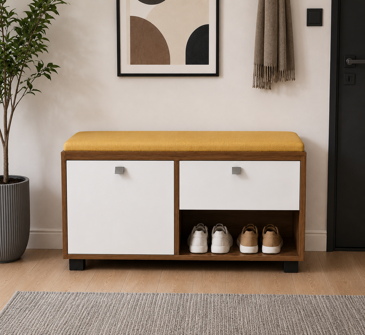 Modern Wooden Shoe Storage Bench with Cushion