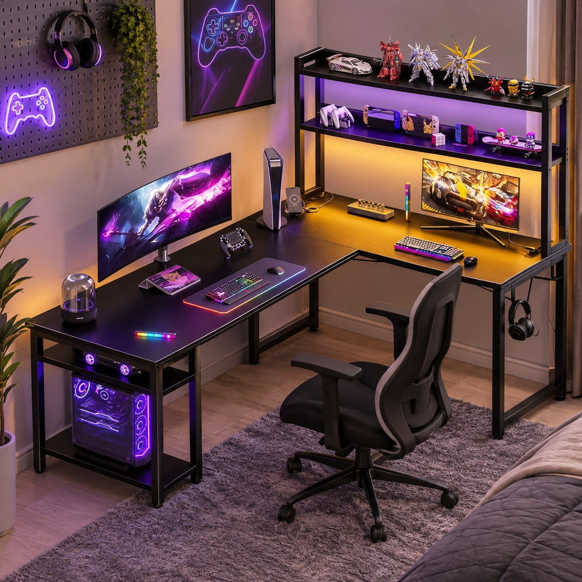 Modern L-Shaped Computer Desk with Hutch