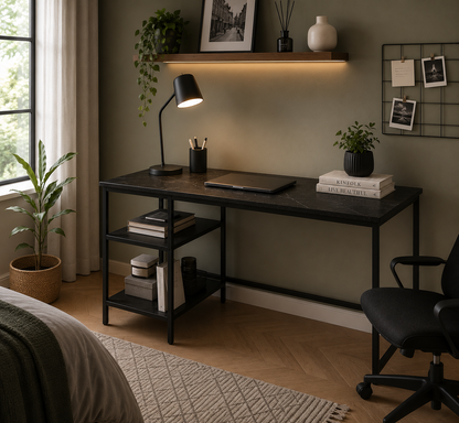 WOHOMO Computer Desk with Shelves Home Office Desk with Bookshelves Black Study Writing Table Modern Simple Style Workstation, Black Marble