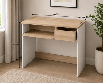 Coavas Computer Desk Study Table Wooden Writing Desk with Cupboard Drawers and Keyboard Tray Desktop PC Table for Adults and Children,80x45x75cm oak & White
