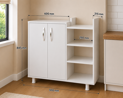 Modern Kitchen Storage Cabinet with Open Shelves – Microwave Stand & Pantry Organizer, White