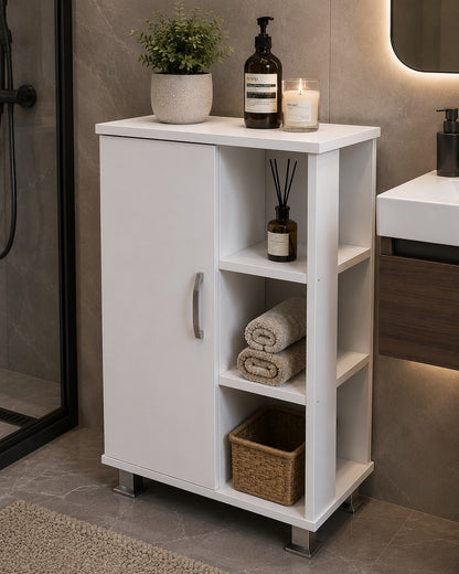 bathroom shelving Unit has 2 doors and 3 shelves White.