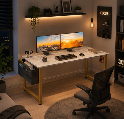 Modern Marble-Top Computer Desk with Storage