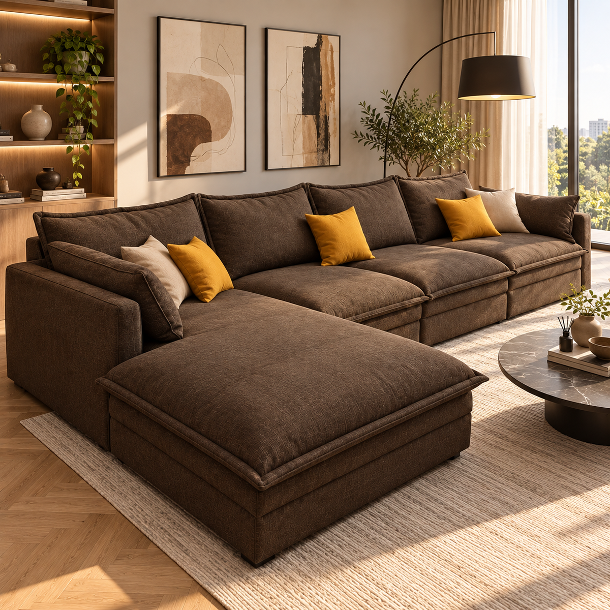 Modern Spacious Sectional Sofa with Ottoman