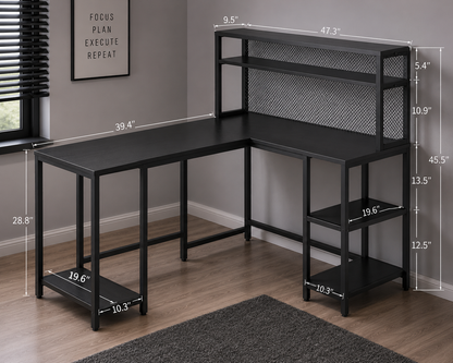 Modern L-Shaped Computer Desk with Hutch & Storage