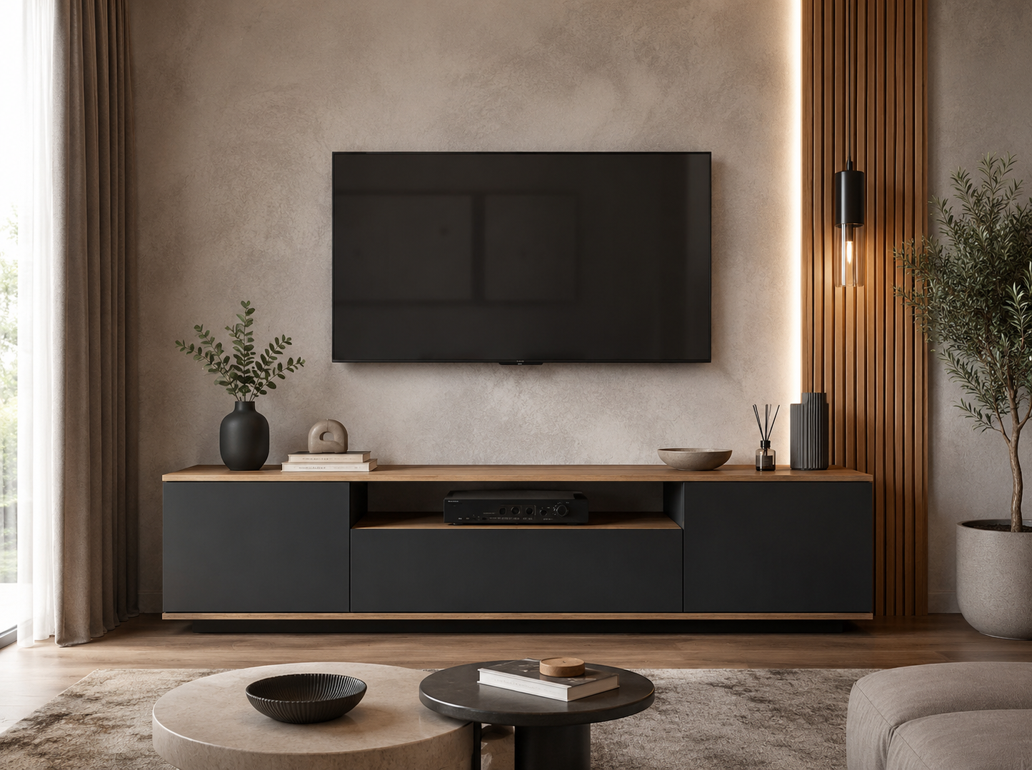 Modern TV Stand with Storage Cabinets & Open Shelf – Entertainment Center for TVs up to 75 Inches, Black & Oak Finish