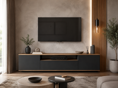 Modern TV Stand with Storage Cabinets & Open Shelf – Entertainment Center for TVs up to 75 Inches, Black & Oak Finish