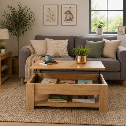Home Source Coffee Table with Lift Up Top Storage Area and Magazine Shelf, Oak, Wooden