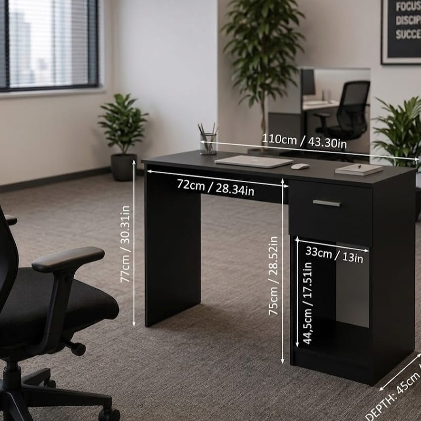 Madesa Compact Computer Desk with 1 Drawer and 1 Door, Study Table for Small Spaces, Wood, 77 H x 45 D x 110 L cm – Black