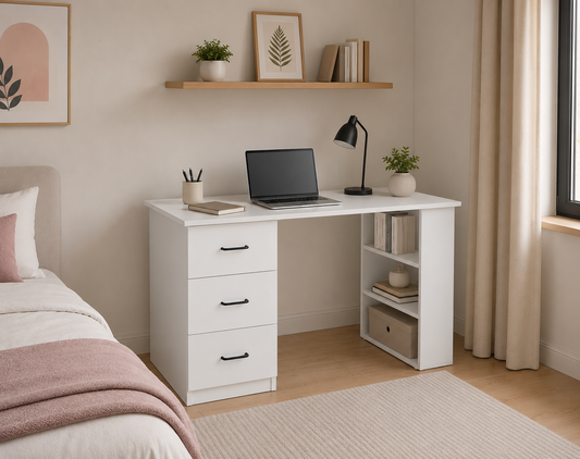 Modern Writing Desk with 3 Drawers & Open Shelves – Home Office Computer Desk, White