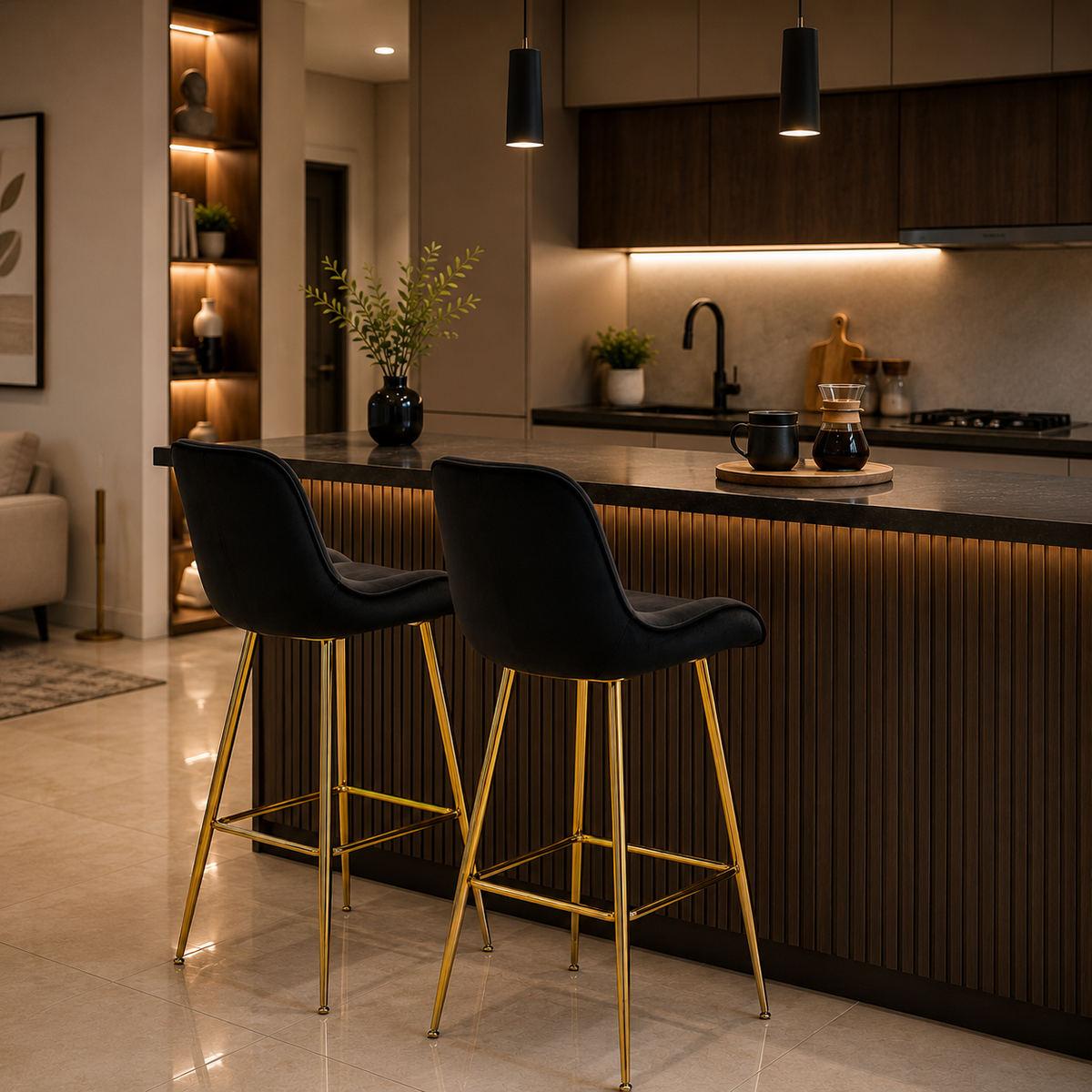 Modern Upholstered Bar Stool with Gold Legs