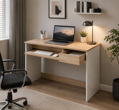 Coavas Computer Desk Study Table Wooden Writing Desk with Cupboard Drawers and Keyboard Tray Desktop PC Table for Adults and Children,80x45x75cm oak & White
