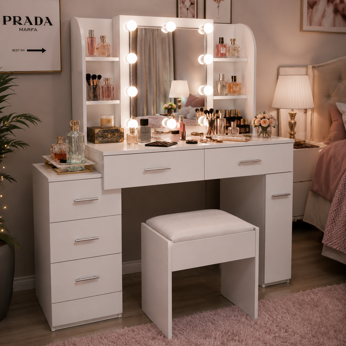 Modern White Vanity Dressing Table with LED Mirror & Storage Drawers