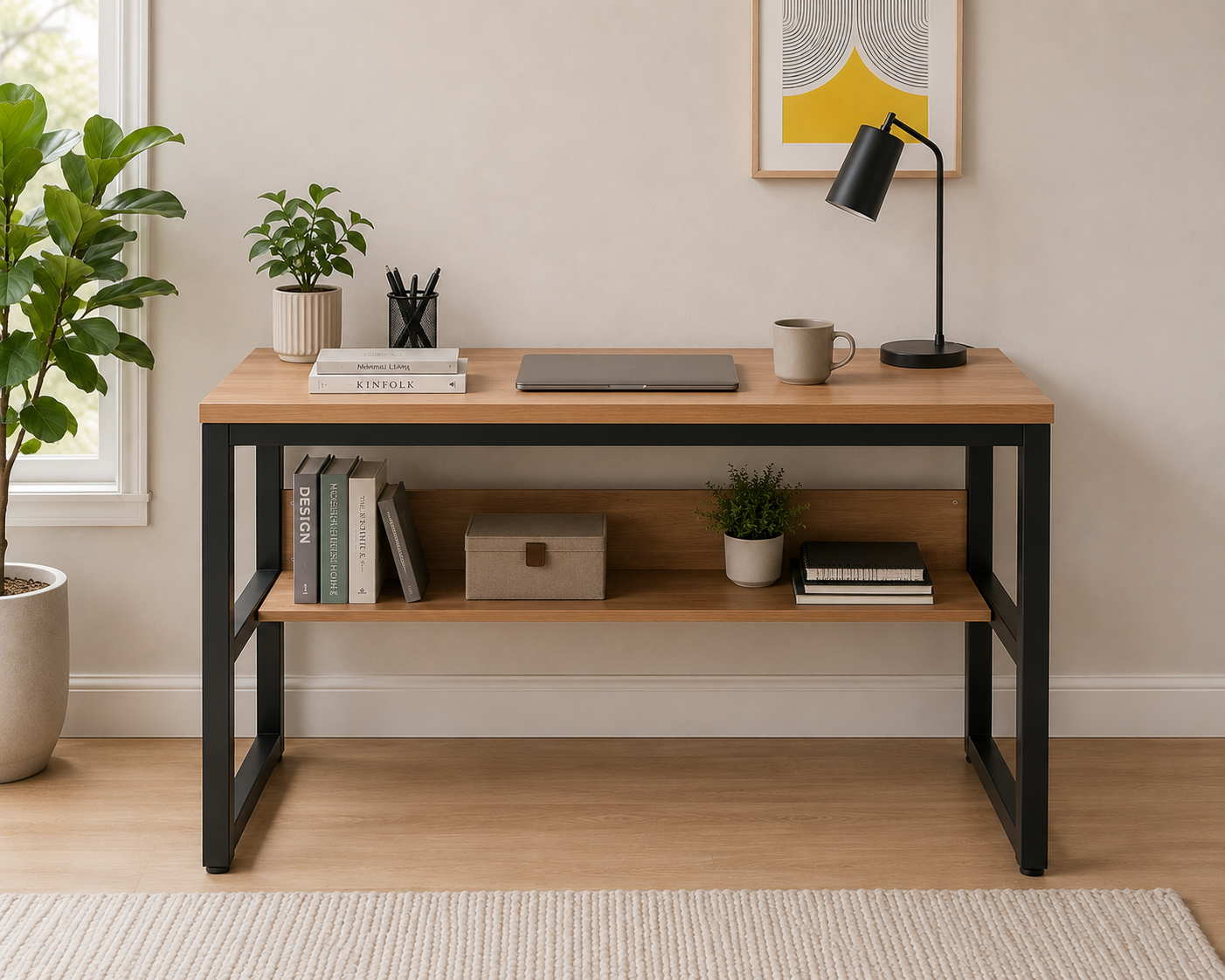 Computer Desk with Bookshelf/Metal Hole Cable Cover