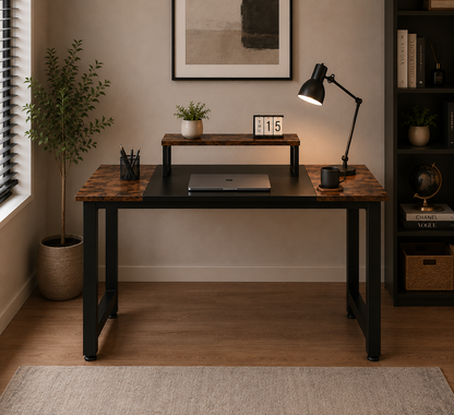 I Shaped Computer Desk with Removable Monitor Stand, 47in, Black Brown