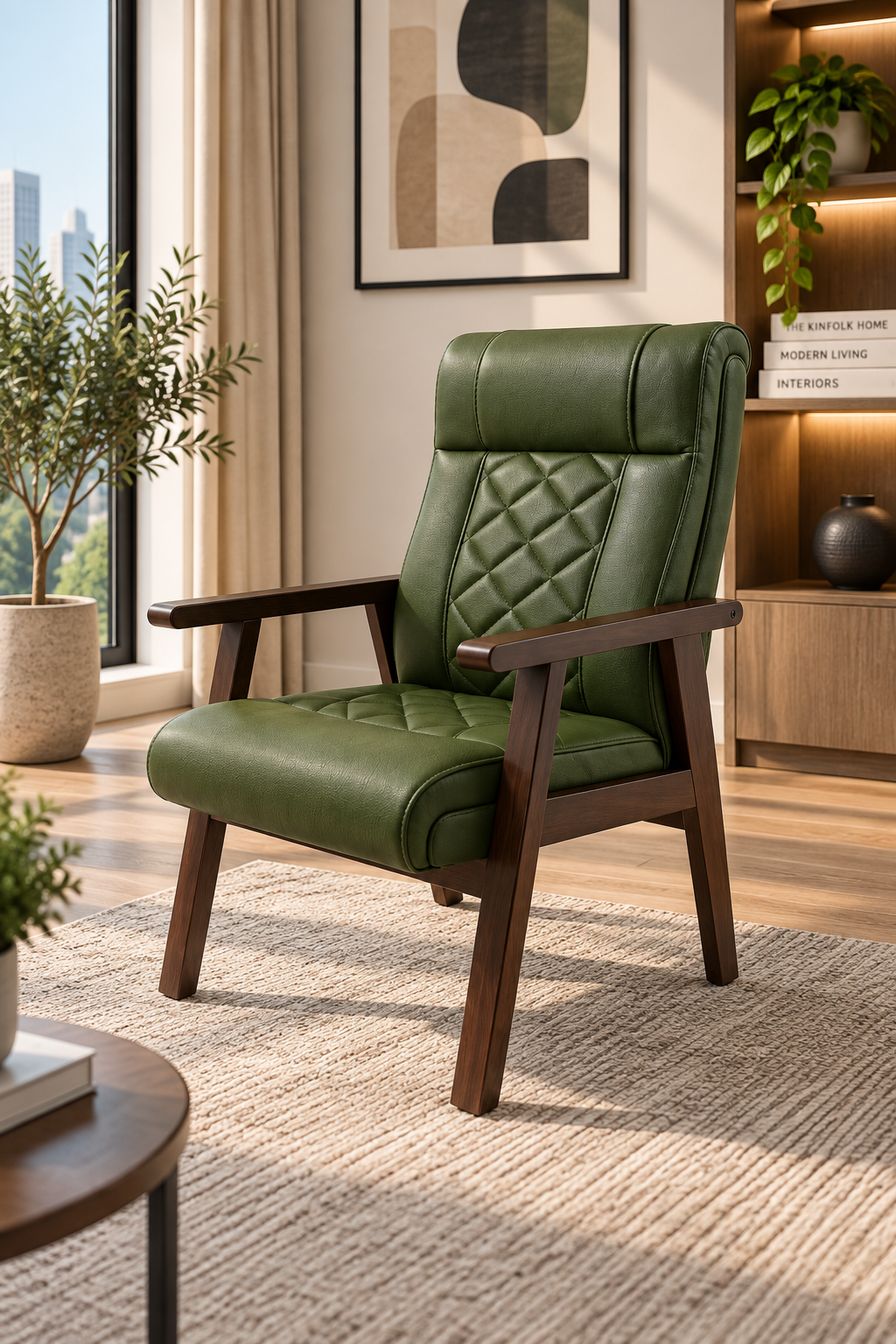 Modern Leather Armchair with Wooden Frame