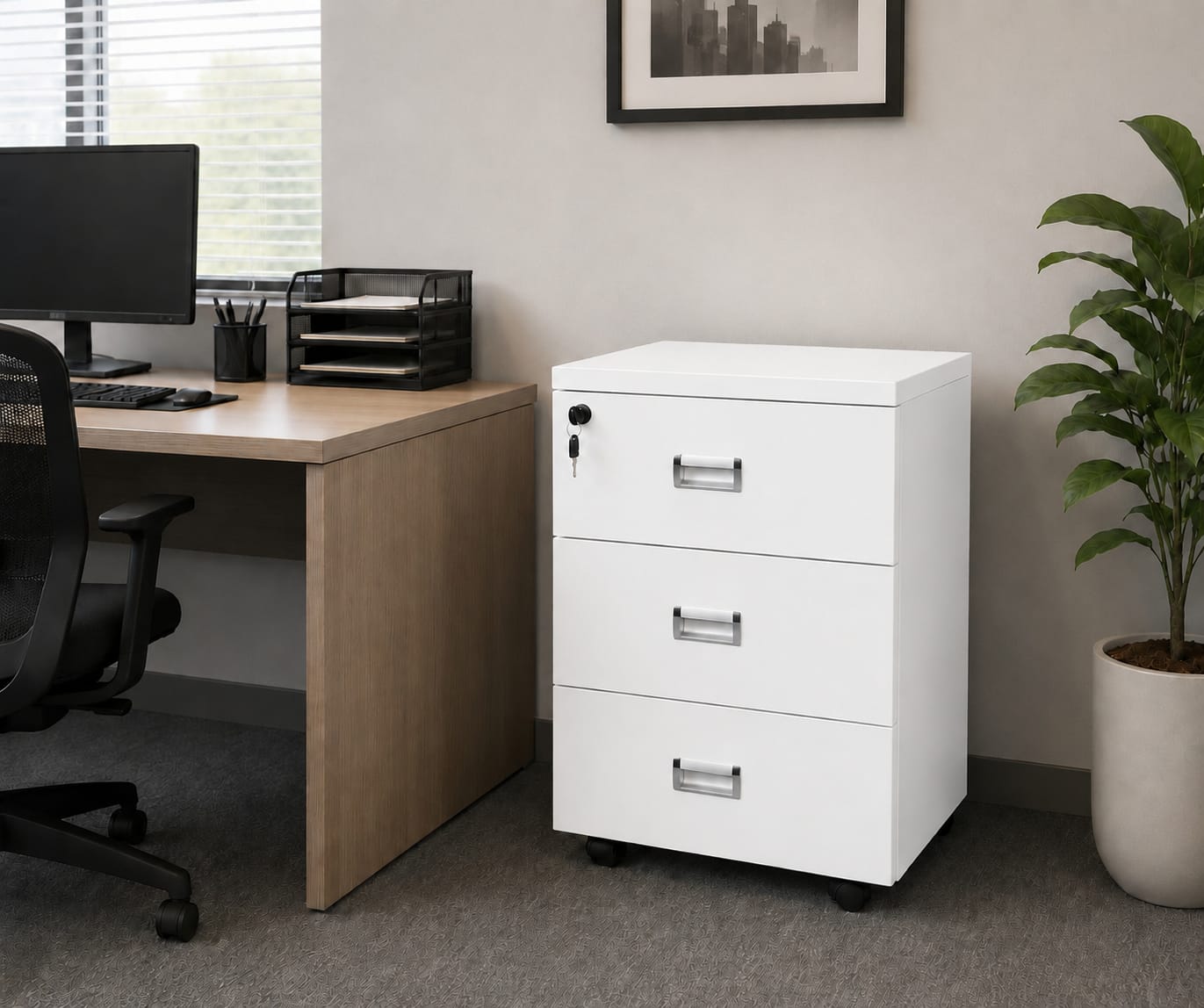 3-Drawer Locking Mobile File Cabinet – Rolling Office Storage Cabinet with Wheels, White