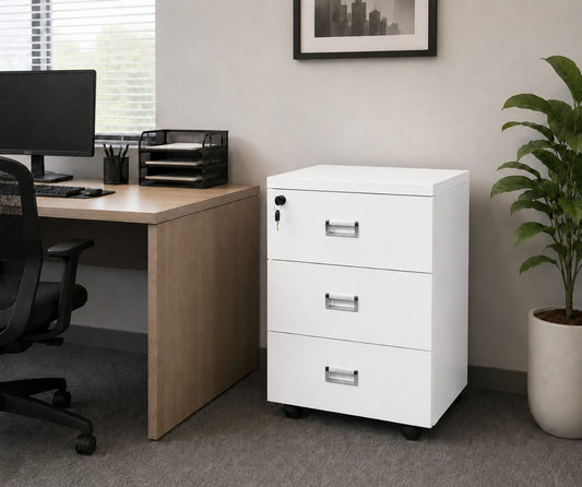 3-Drawer Locking Mobile File Cabinet – Rolling Office Storage Cabinet with Wheels, White