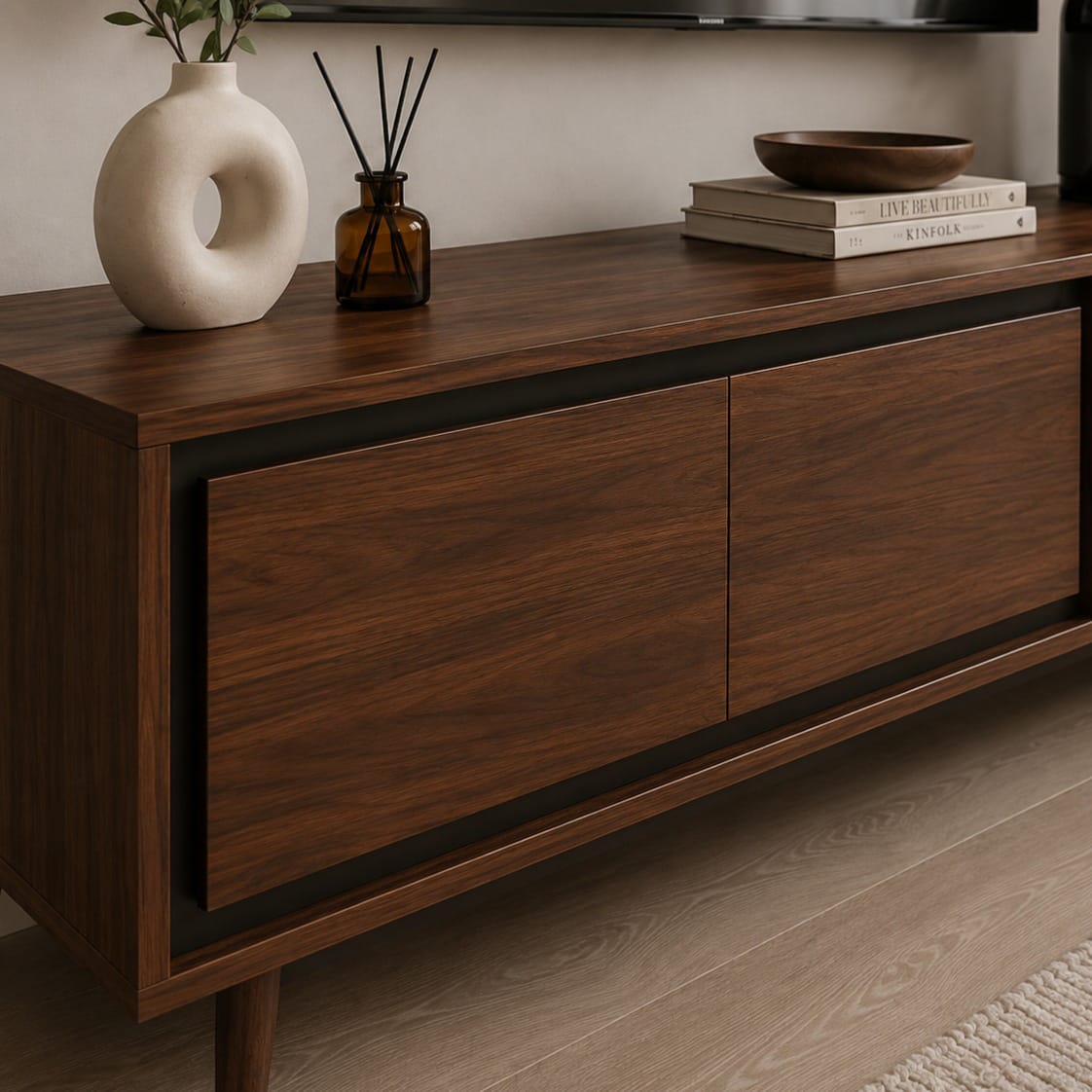DecorNation Akiwa Solid Wood TV Unit Table - One Compartment with with 2 Drawers and Shelf for Living Room, Bedroom, Office Furniture Stand (63 x 14 x 16 inches, Natural Finish)