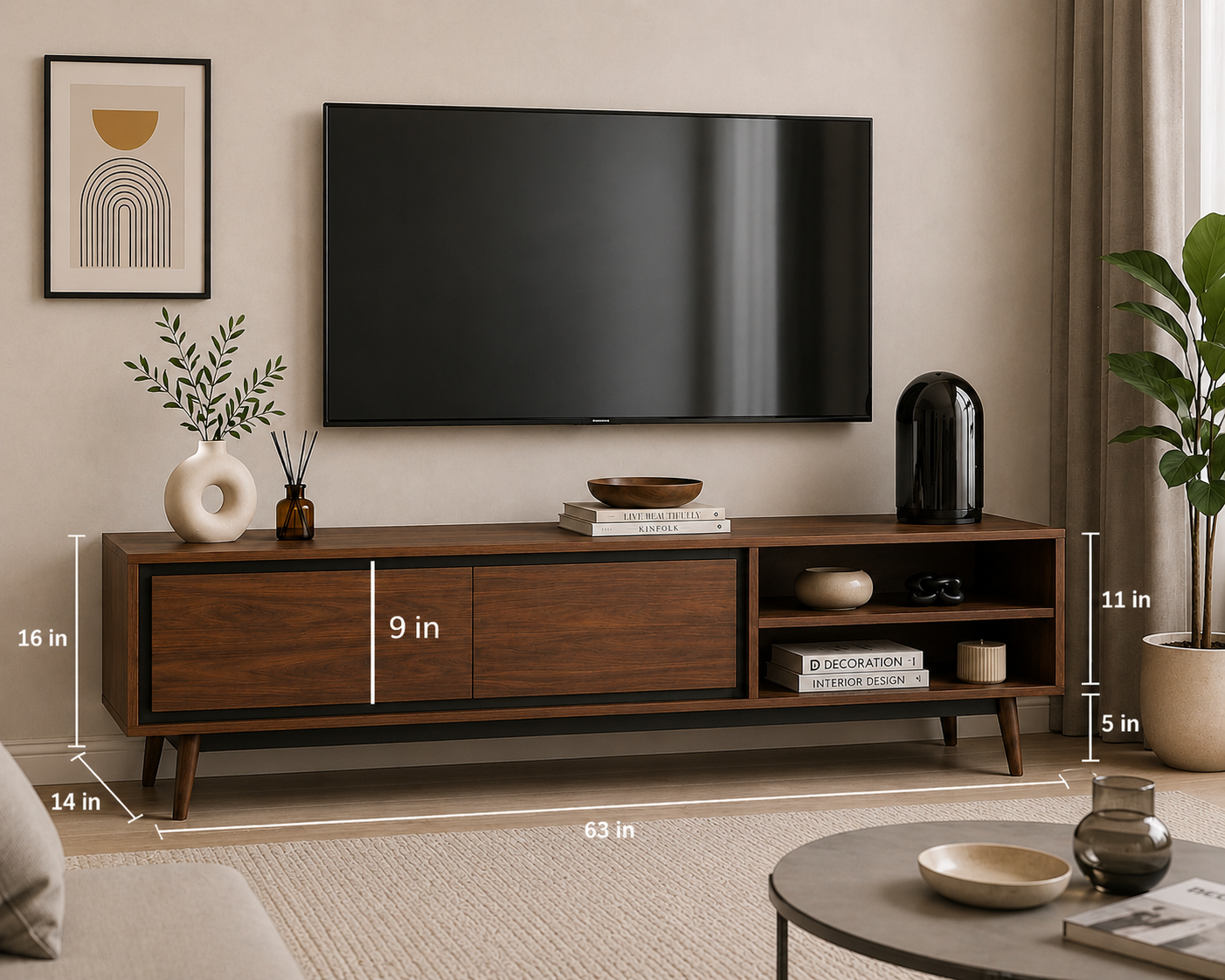 DecorNation Akiwa Solid Wood TV Unit Table - One Compartment with with 2 Drawers and Shelf for Living Room, Bedroom, Office Furniture Stand (63 x 14 x 16 inches, Natural Finish)