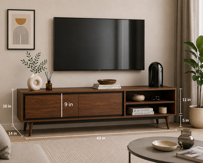 DecorNation Akiwa Solid Wood TV Unit Table - One Compartment with with 2 Drawers and Shelf for Living Room, Bedroom, Office Furniture Stand (63 x 14 x 16 inches, Natural Finish)