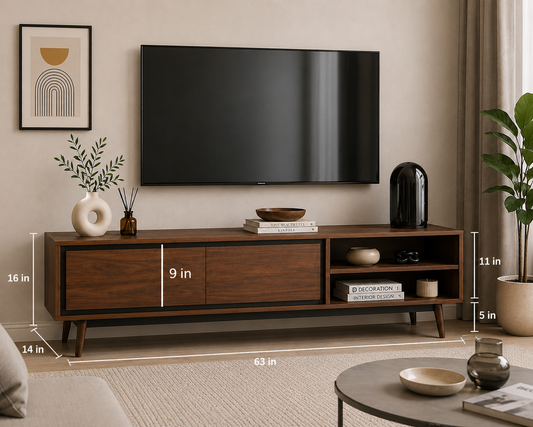 DecorNation Akiwa Solid Wood TV Unit Table - One Compartment with with 2 Drawers and Shelf for Living Room, Bedroom, Office Furniture Stand (63 x 14 x 16 inches, Natural Finish)