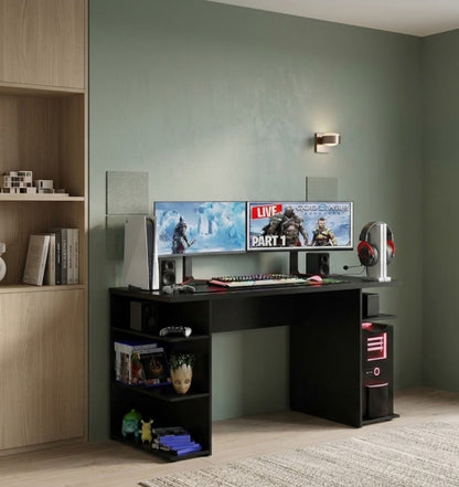 Madesa gaming computer desk with 5 shelves, cable management and large monitor stand, wood, 60 d x 136 w x 75 h cm - black