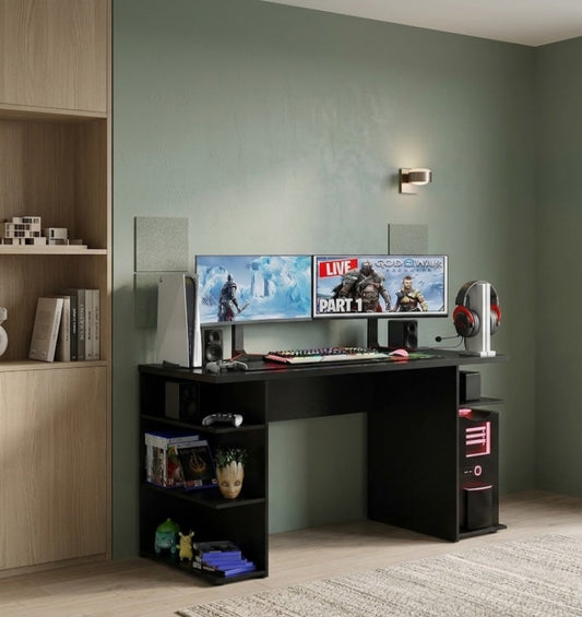 Madesa gaming computer desk with 5 shelves, cable management and large monitor stand, wood, 60 d x 136 w x 75 h cm - black