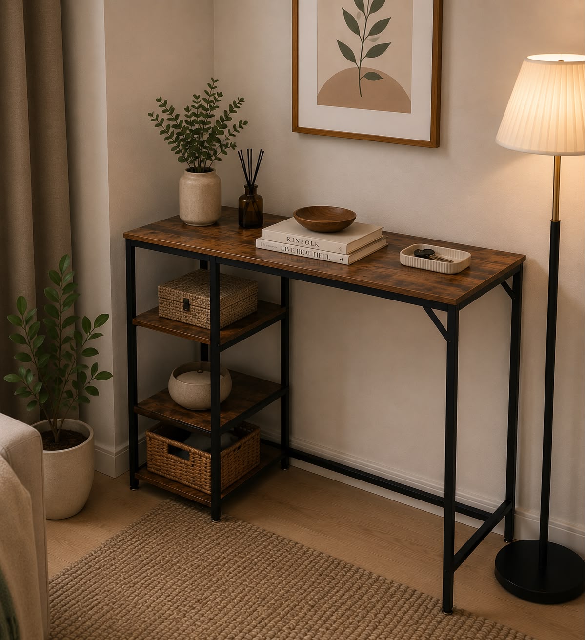 Rustic Industrial Console Table with Storage Shelves