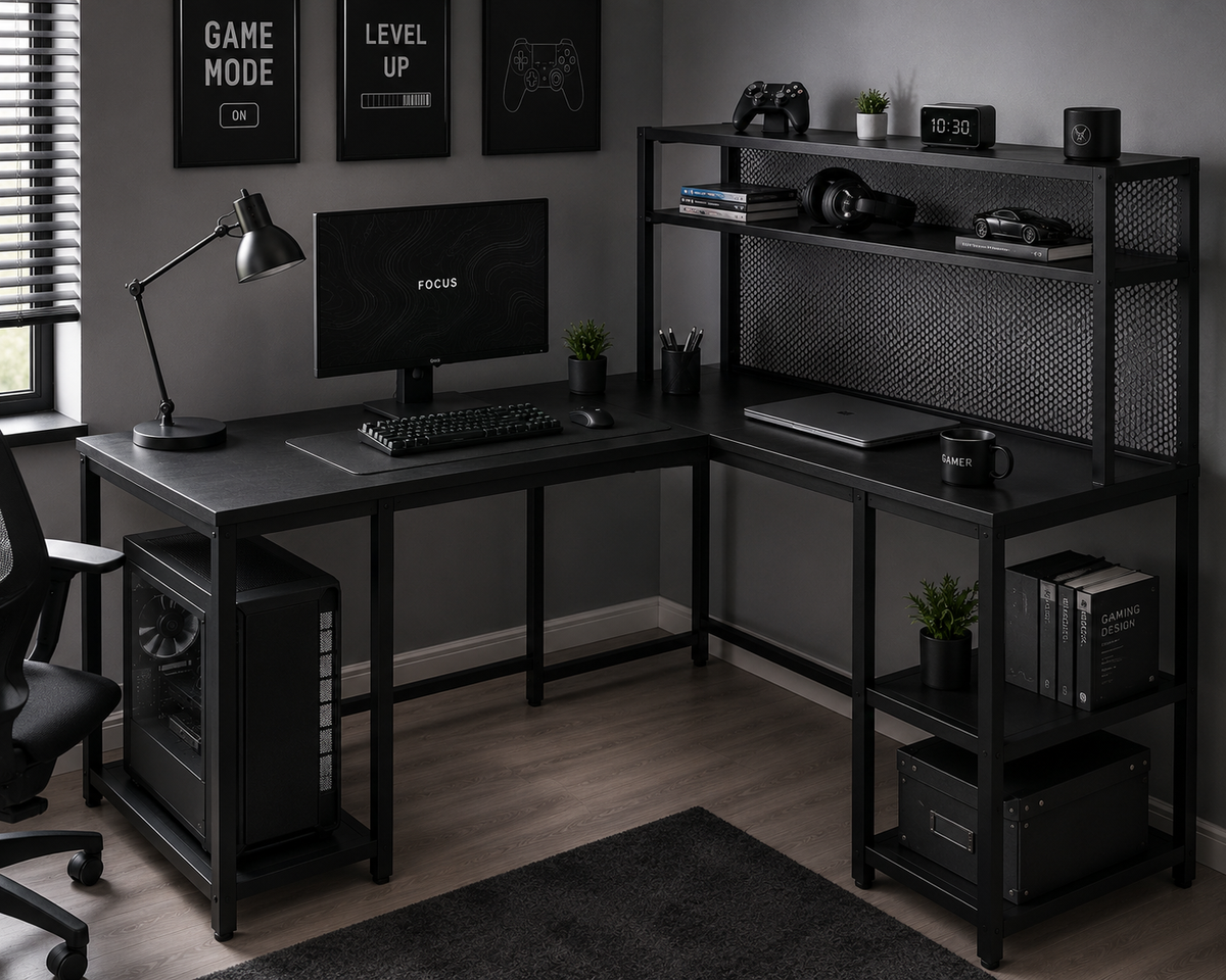 Modern L-Shaped Computer Desk with Hutch & Storage