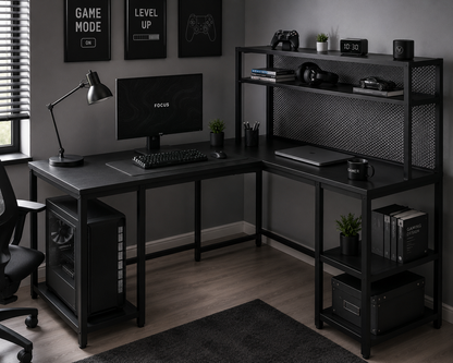 Modern L-Shaped Computer Desk with Hutch & Storage