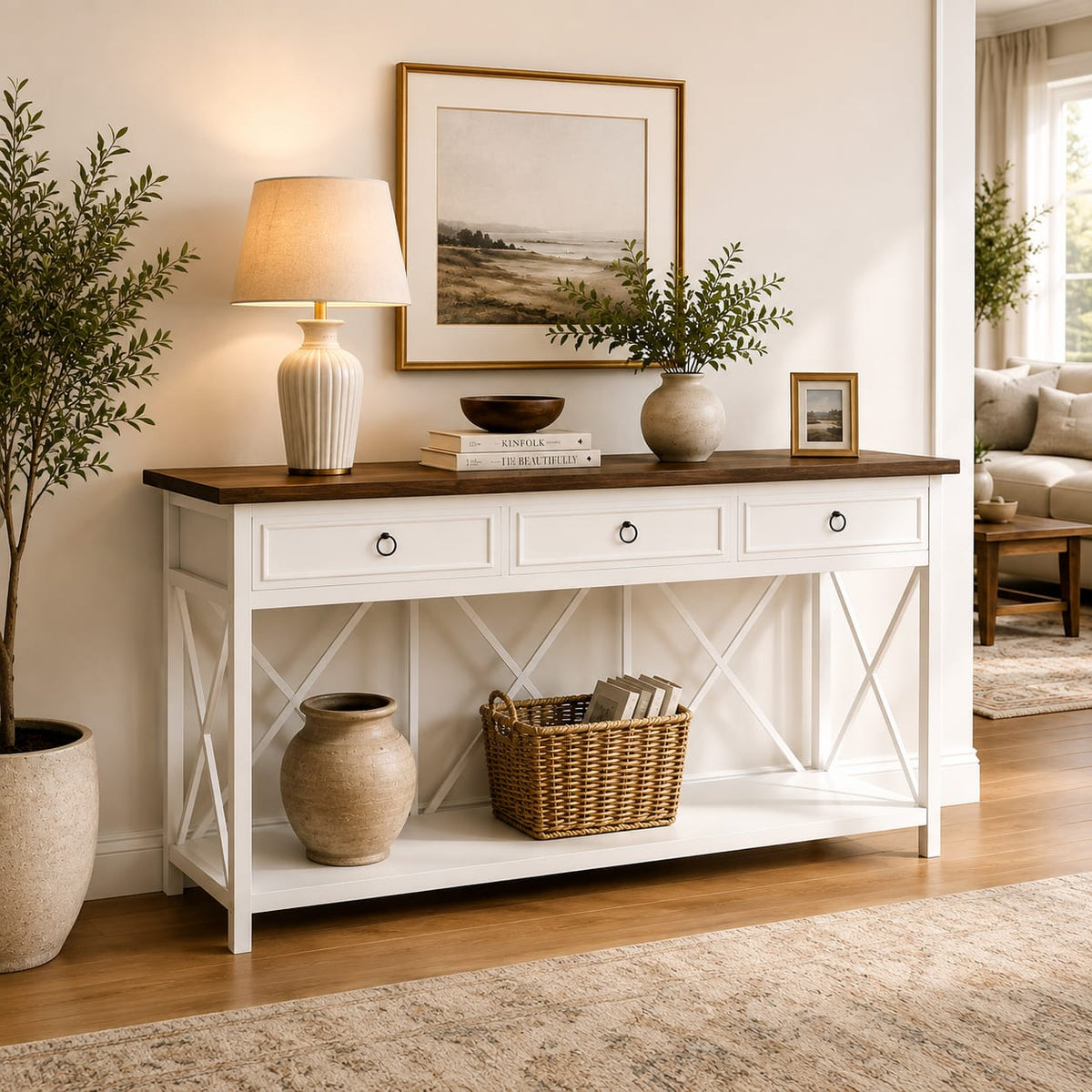 Modern White Console Table with 3 Drawers
