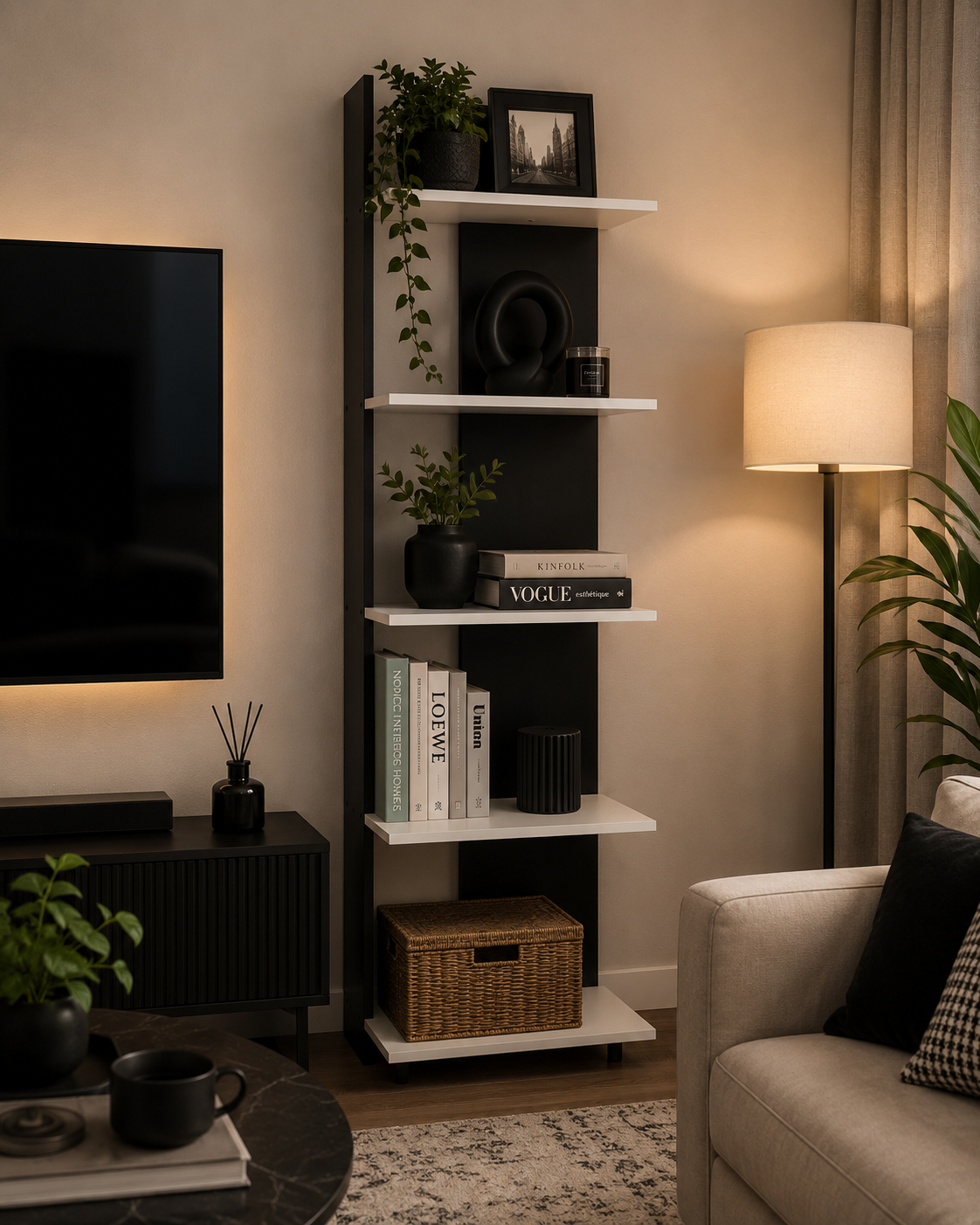Wooden Storage Unit with Shelves - Black and White, Size 45 x 170 cm