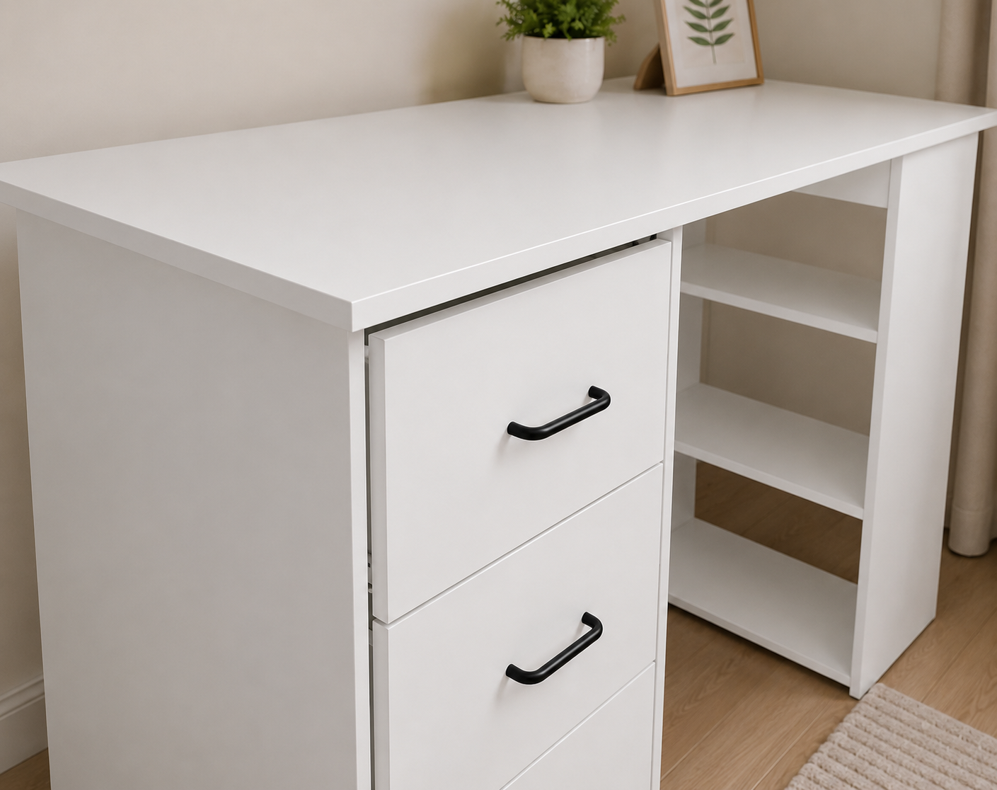 Modern Writing Desk with 3 Drawers & Open Shelves – Home Office Computer Desk, White