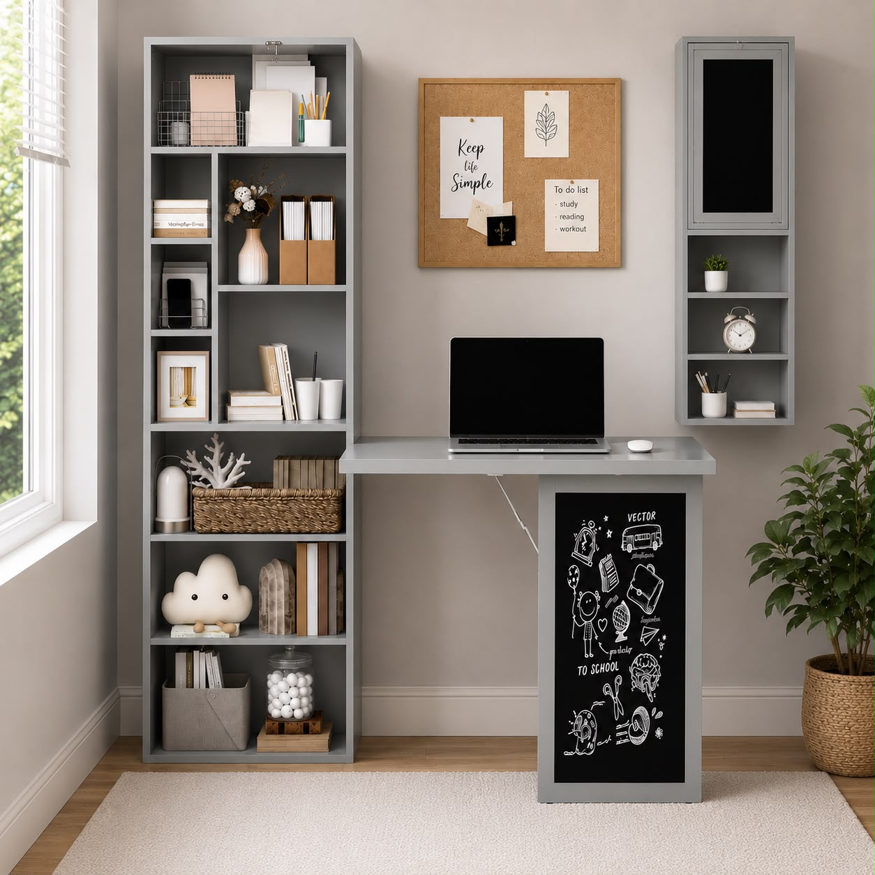 HOMCOM Fold-out Convertible Writing Desk Wall Mount Cabinet with Blackboard and Side Shelf Multi-Function Home Office Workstation, Grey 98 x 51 cm