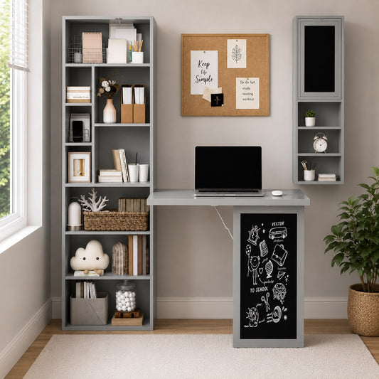HOMCOM Fold-out Convertible Writing Desk Wall Mount Cabinet with Blackboard and Side Shelf Multi-Function Home Office Workstation, Grey 98 x 51 cm