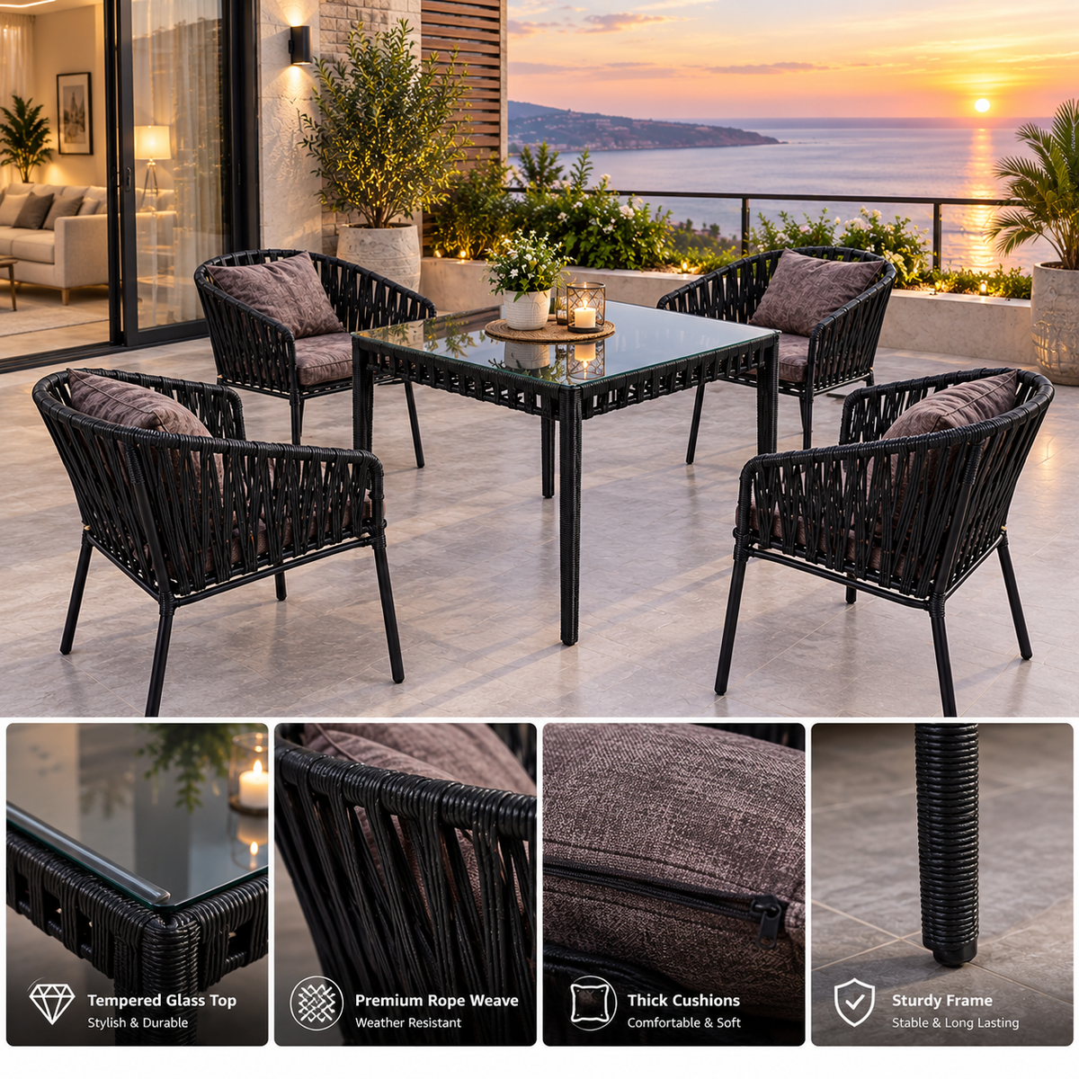 Modern Outdoor Woven Patio Dining Set with Glass Table