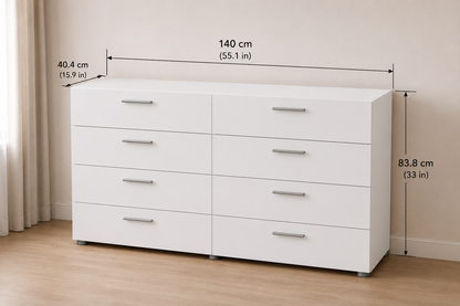 Levan Home Contemporary 8 Drawer Double Bedroom Dresser in White
