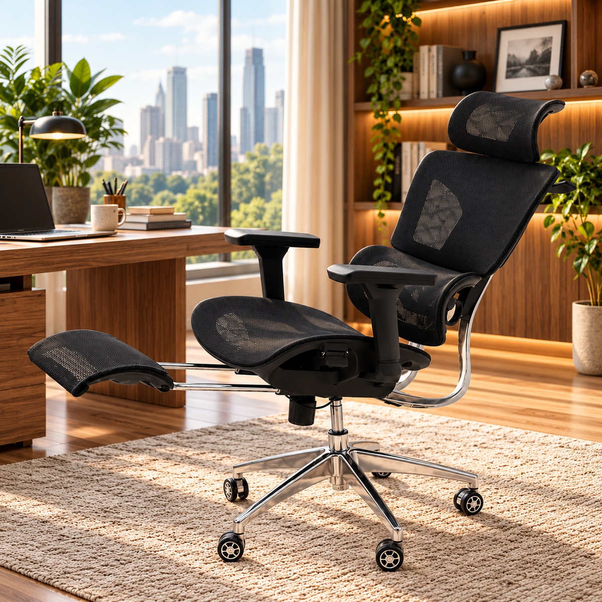Modern Executive Mesh Office Chair with Adjustable Headrest & Footrest