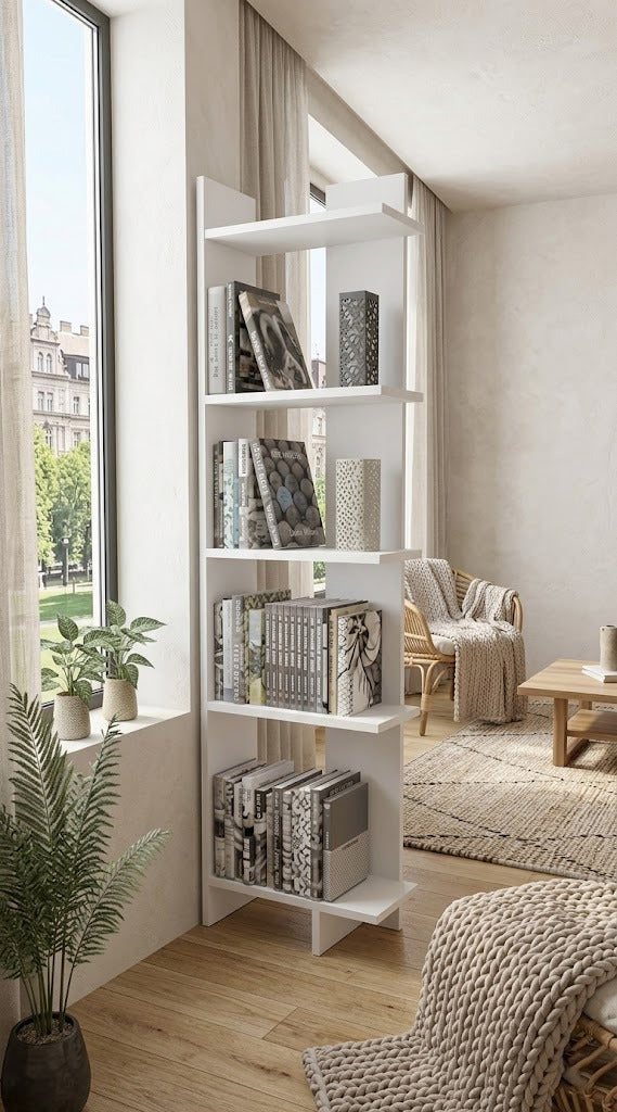 Modern 5-Tier White Bookshelf – Freestanding Narrow Display Storage Shelf for Books, Décor & Home Office  Description